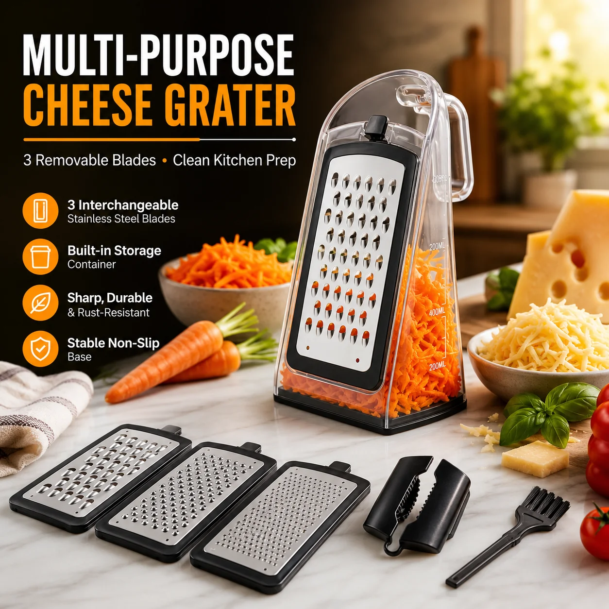 Multifunctional Cheese Grater with 3 Replaceable Blades Storage Box Cleaning Brush for Vegetable Fruit Chocolate Shredding