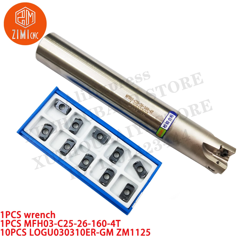 

1PC MFH03-C25-26-160-4T Milling tool holder + 10PC LOGU030310ER-GM ZM1125 Milling insert metal lathe Carbide Insert cutting tool