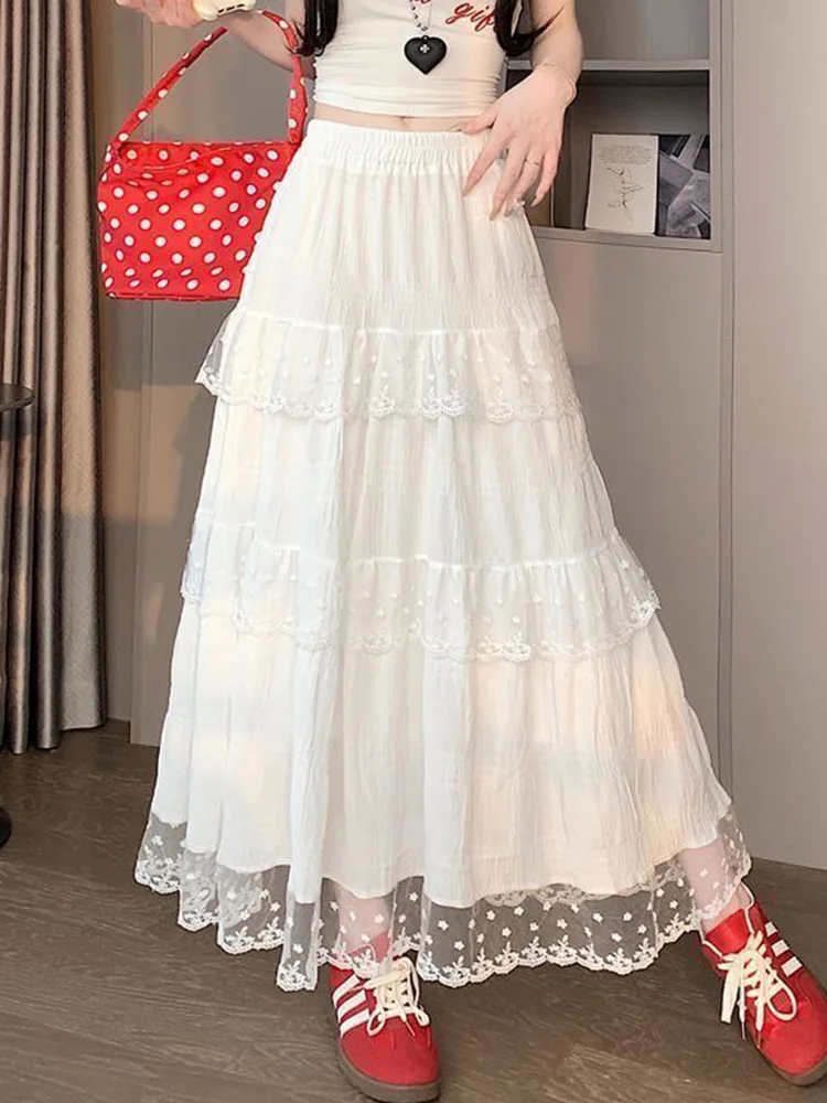 

Белая длинная юбка с кружевными вставками для женщин, с высокой талией, в винтажном стиле, летняя, элегантная, во французском стиле преппи, А-силуэт
