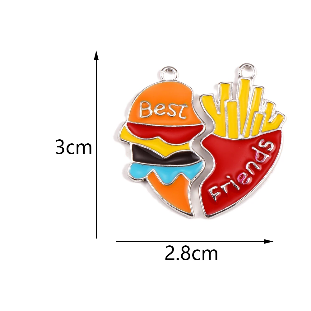 2Pairs/Lot Funny Metal Enamel Hamburger Chips Heart Charms For Jewelry Making DIY Couple Friendship Necklace Keychain Pendants