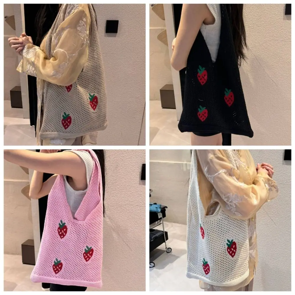 Bolsa de ombro de crochê de morango impressa, grande capacidade, bolsa de crochê de malha para axilas, bolsa de tricô para mulheres