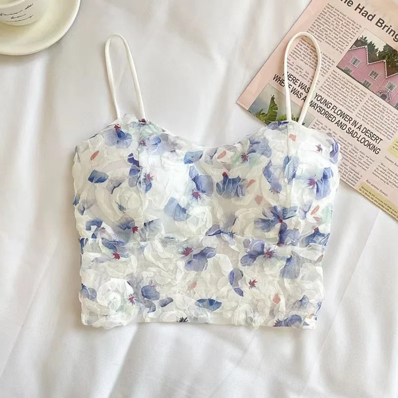 Floral Printed Camisole Woman Summer Sweet Spaghetti Strap Tank Top Female with Built in Bra Corset Women Vest with Padded