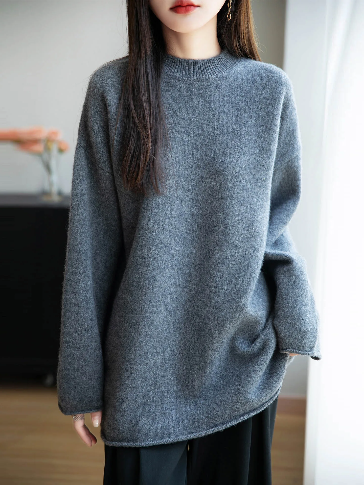 100% Merino Wool Mid-Length Crew Neck Sweater Ladies Oversized Loose Knit Pullover Autumn Winter Warm Long Knit Tunic