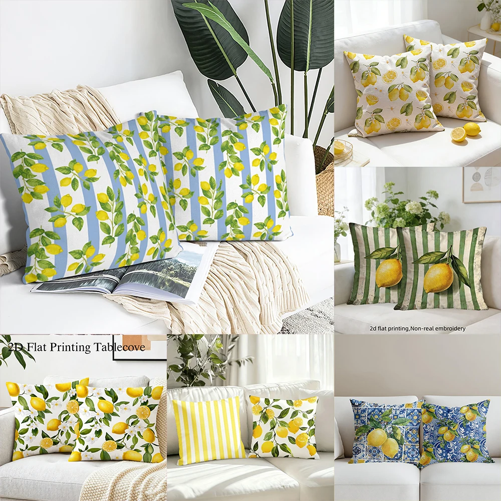 Image of 2 Stück Kissenbezüge mit Zitronenmuster im Landhausstil, Sofa-Innen- und Außendekoration, Kissenbezug-Zubehör.
