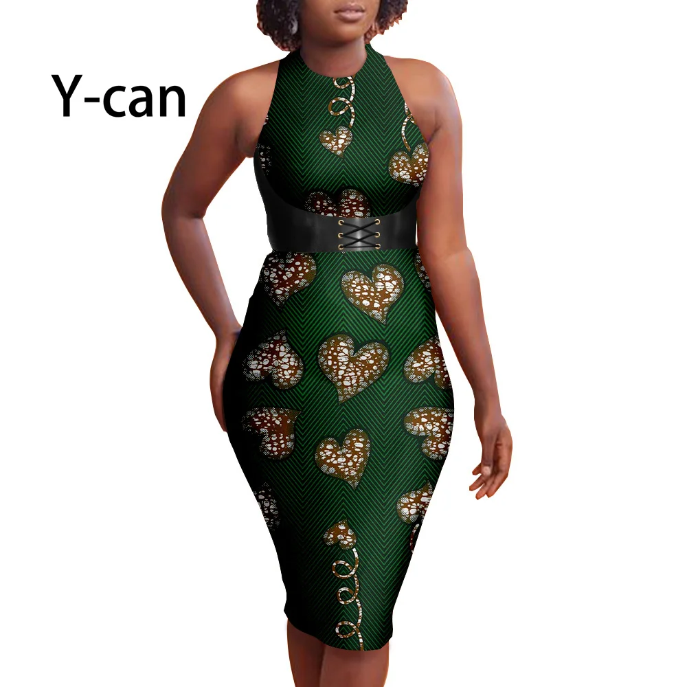 

Sexy African Ankara Print Dresses for Women Summer Sleeveless Halter Vestidos with Waistbelt Bazin Riche Daliy Party Y2225025