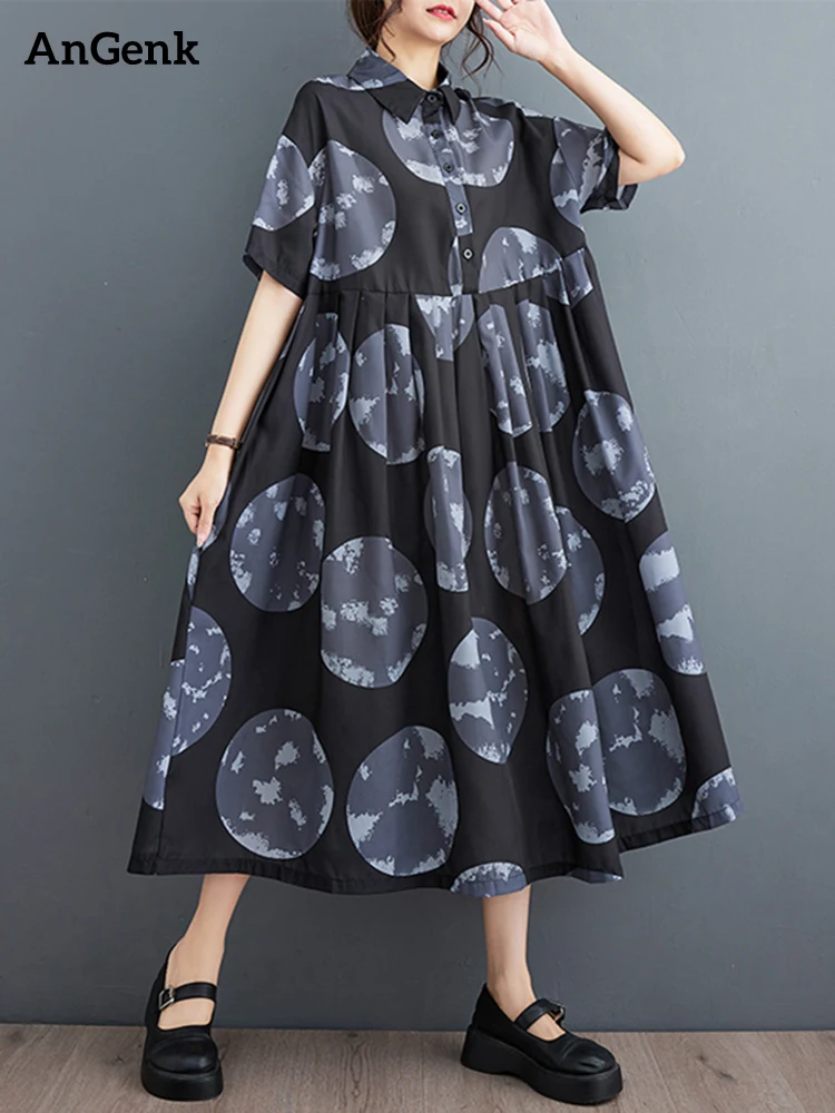 

Short Sleeve Polka Dot Print Vintage Shirt Dresses For Women Summer New In Loose Casual Dress Robe Fashion Elegant Clothing 2023