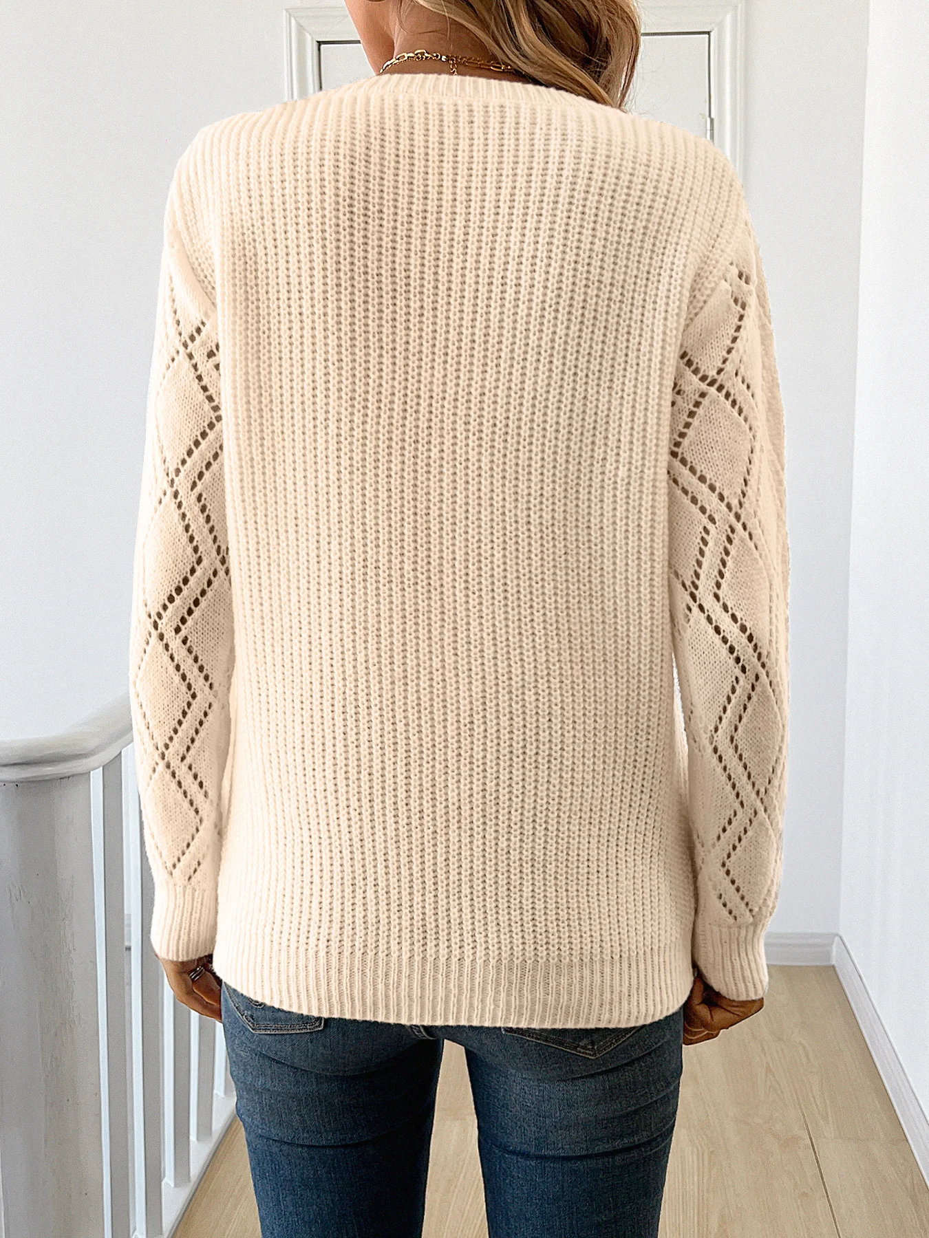 Maglione casual da donna elegante a maniche lunghe con finiture in pizzo, vestibilità slim, colore a contrasto, primavera autunno, vacanza, versatile top a maniche lunghe