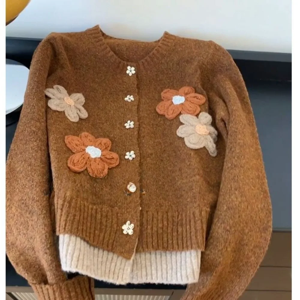 O Neck Lazy Panelled Knit Cardigan All-match Exquisite Literary Sweaters Neploe Loose Warm Jacquard Elegant Handmade Pull Femme