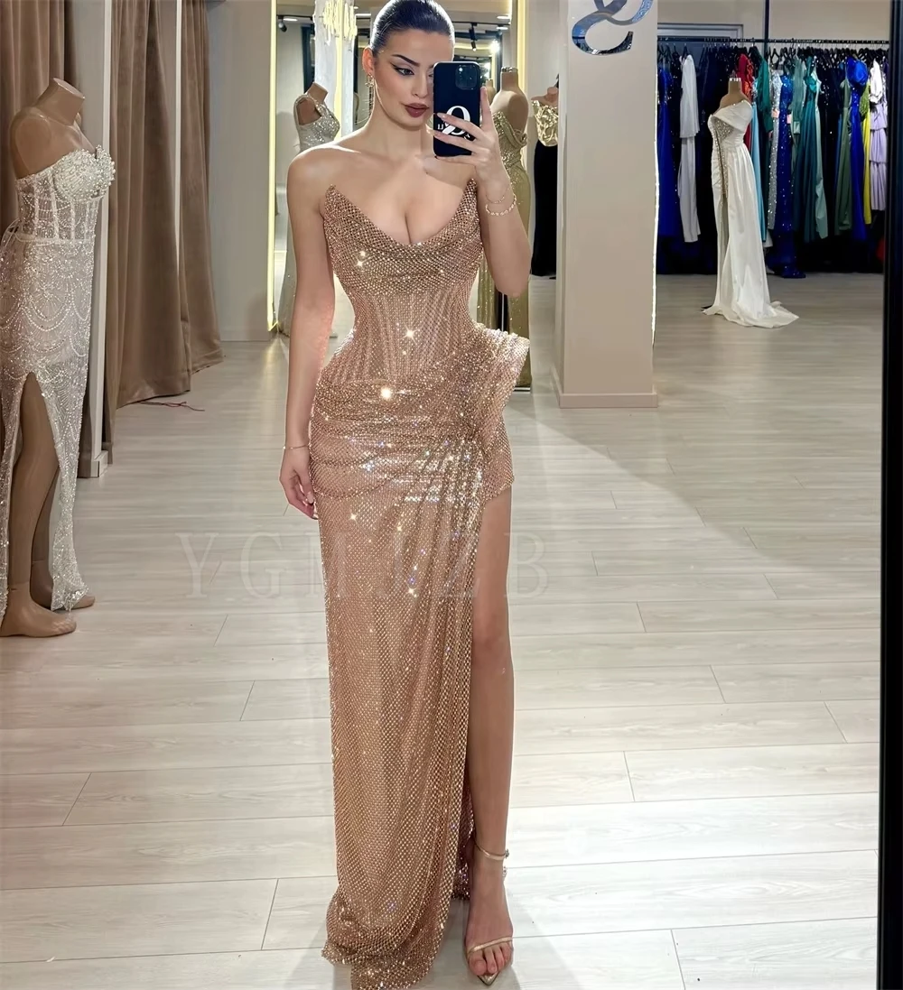 Rose Gold Long Prom Dresses 2026 Luxury Crystal Beaded High Slit Dubai Formal Evening Gown Party Gala Birthday Dress Customized
