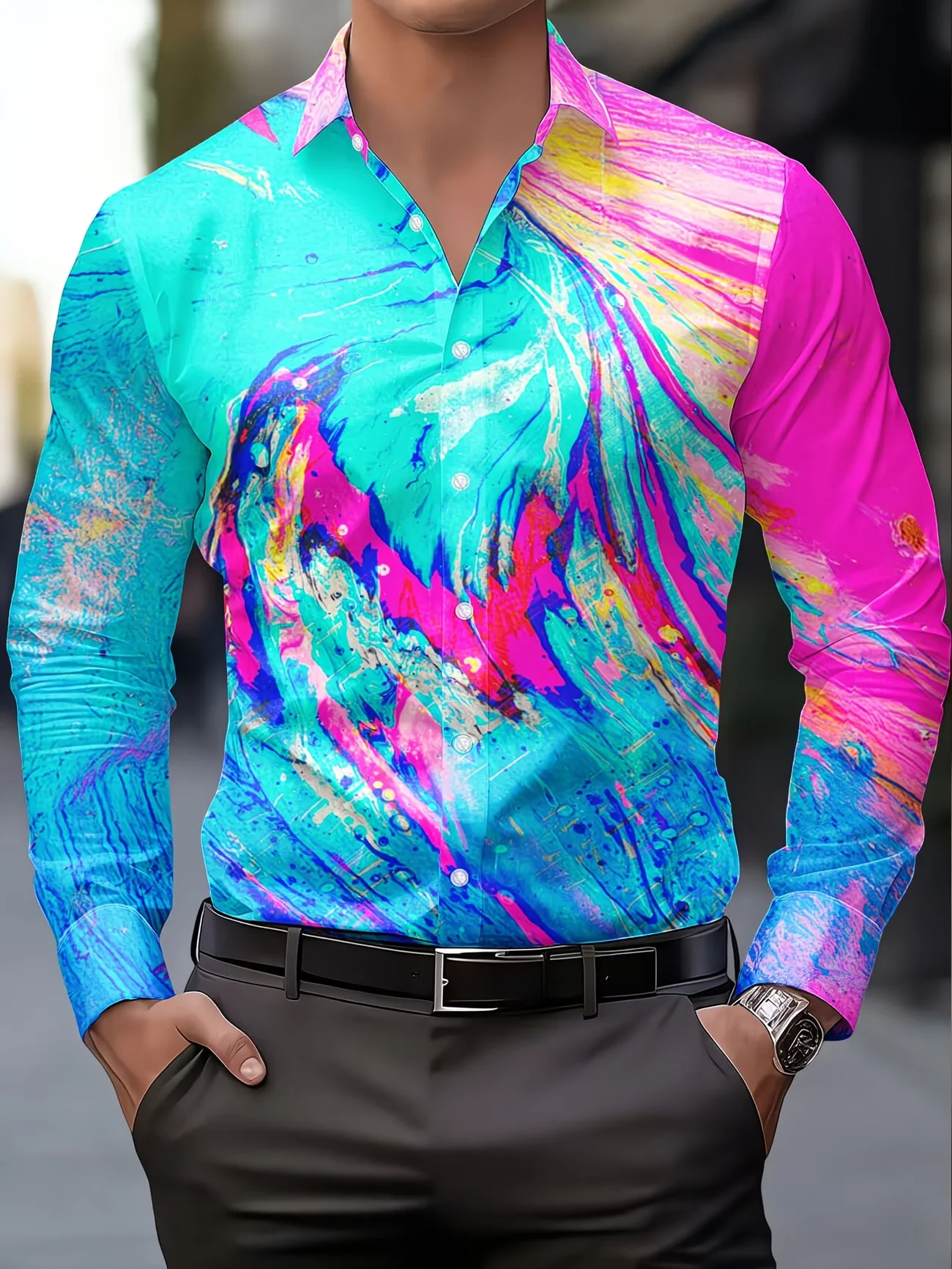 New color blocked totem horse head 3D printed men's long sleeved shirt with collar and trendy cool shirt