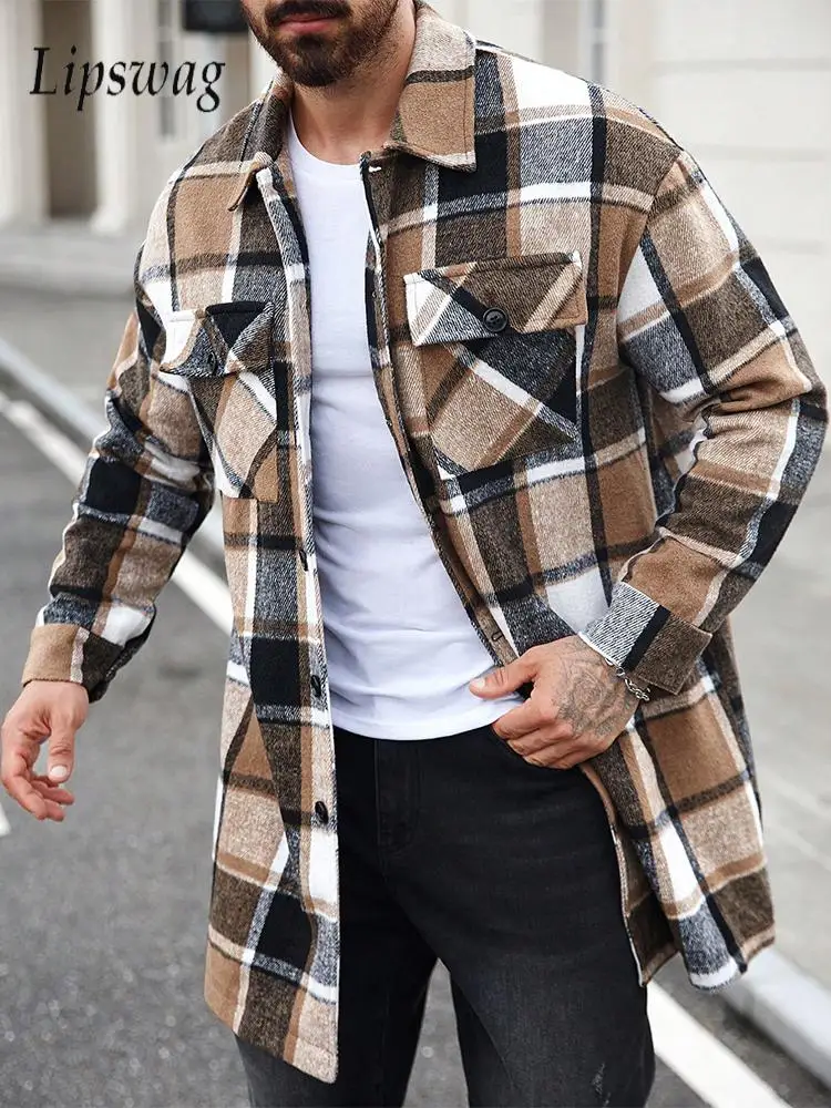 

Streetwear Fashion Men's Plaid Cardigan Tops Spring Autumn Casual Turn-down Collar Button-up Jacket Coat Mens Vintage Outerwear