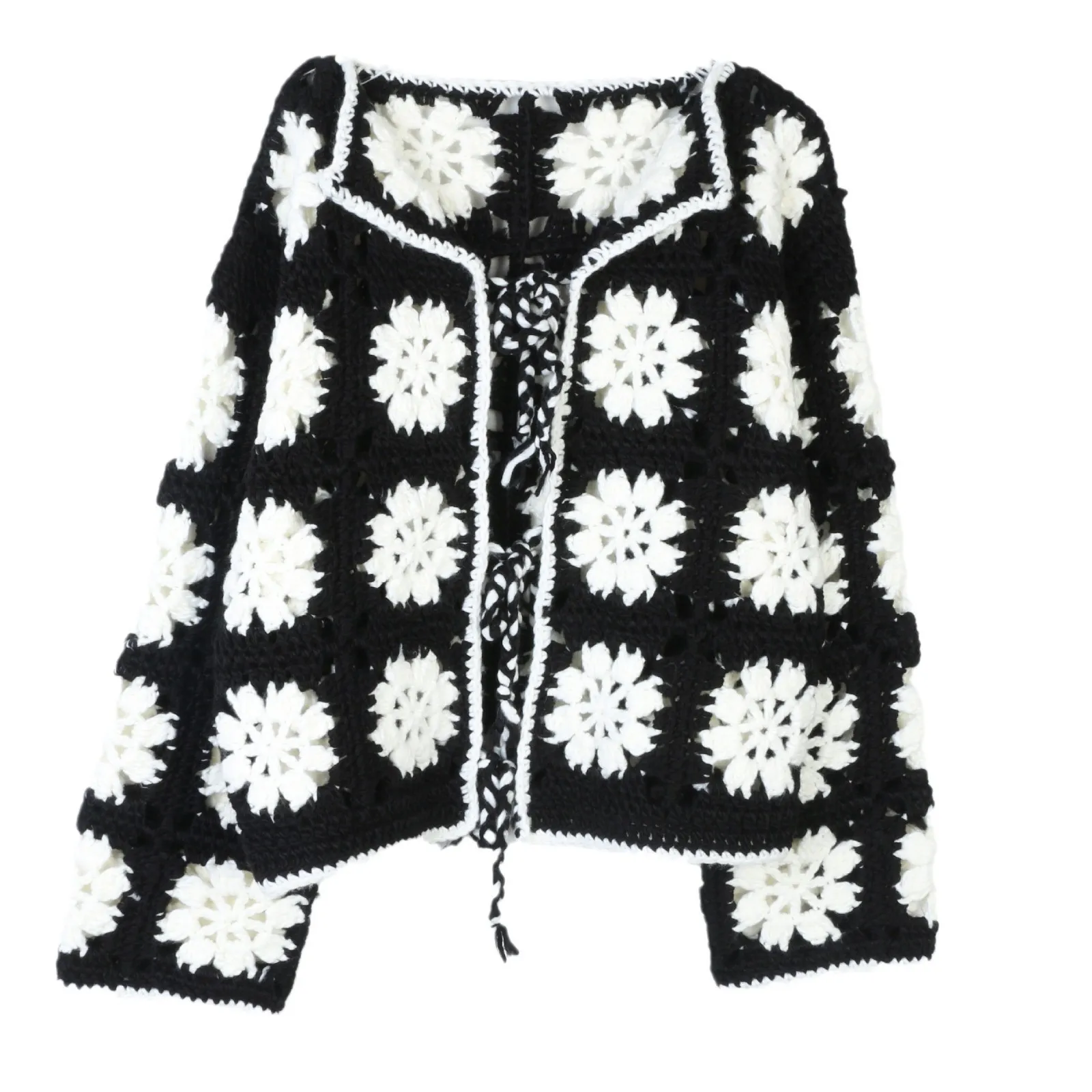 Jastie Autumn And Winter New Hand-hook Flower Sweater Cardigan Women's Black And White Contrast Hollow Casual Fashion Sweater