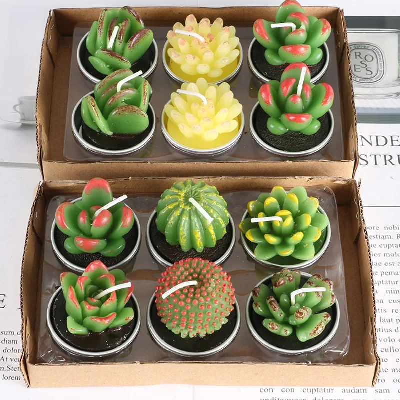 12pcs Mini Cactus Candles Succulent Greenery Candles Flameless Tea Light Candles Suitable for Party Wedding Home Decoration