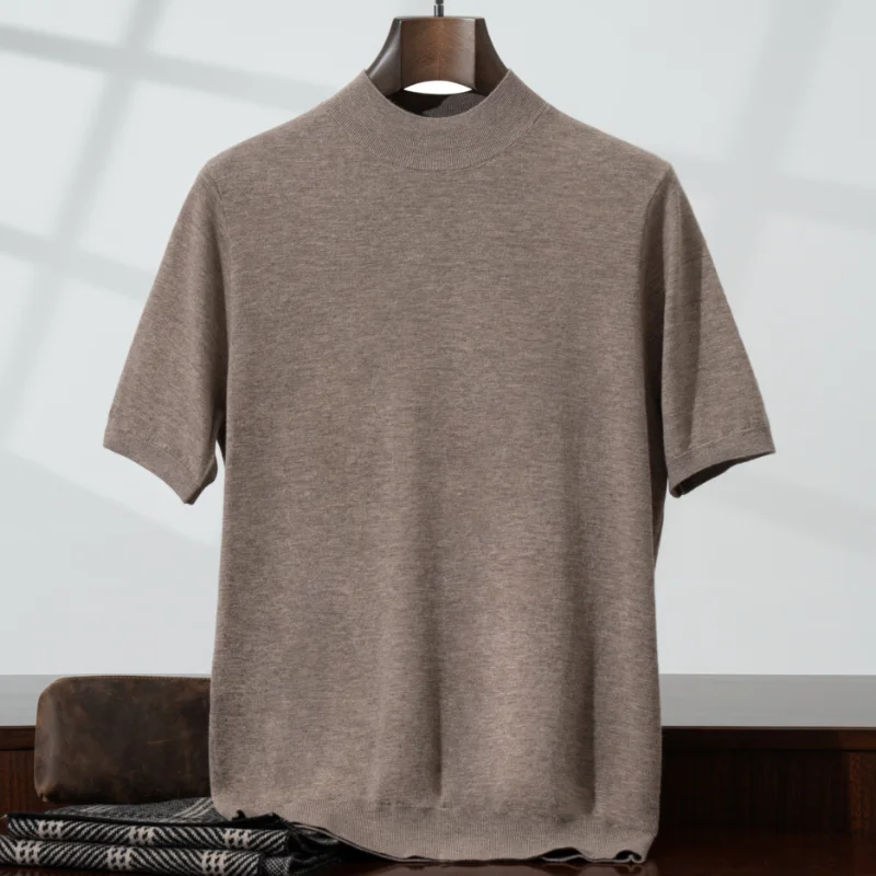Men's 100% fine spun wool sweater short sleeved casual knitted pullover T-shirt Mock Neck Pull Jumper loose Tees high-quality