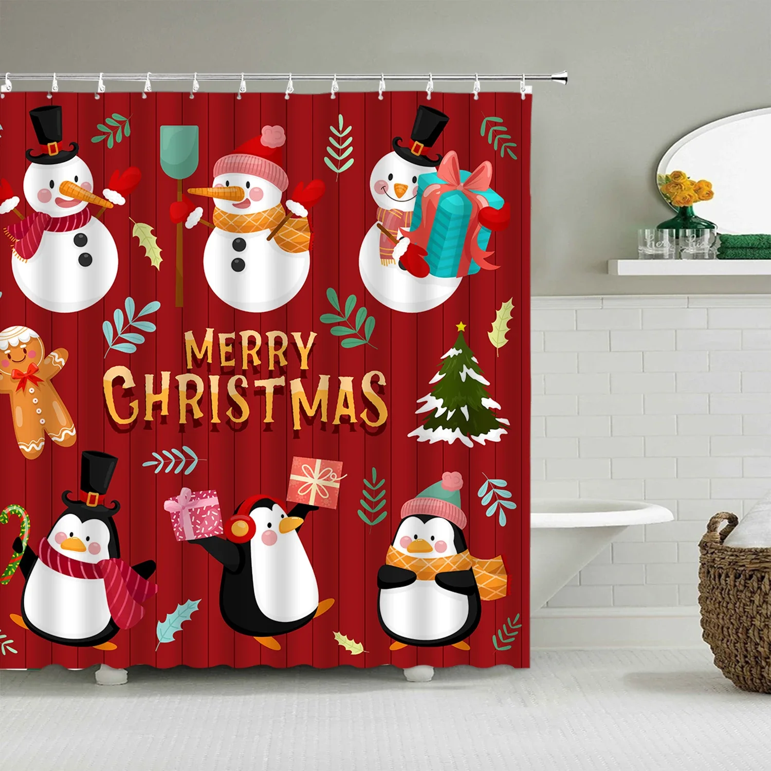 Christmas Shower Curtain Winter Snowman Snowflake Christmas Tree Red Truck Bell Red Bird Colorful Christmas Ball Bathroom Decor