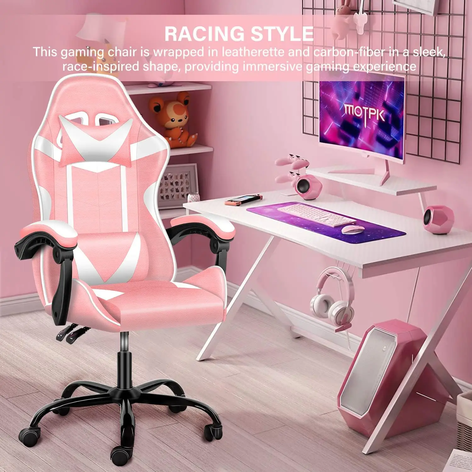 Pink Gaming Chair, Racing Style Adjustable Swivel Office Chair, Ergonomic with Headrest & Lumbar Support