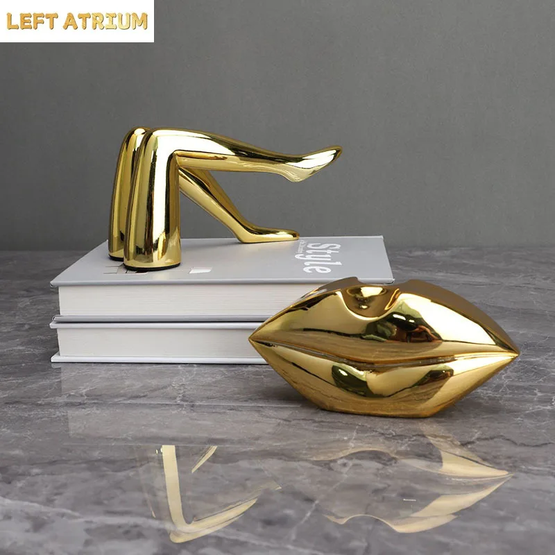 Golden Lips/leg Statue Gilded Artwork Ornaments Desktop Resin Figurines Human Body Sculpture Home Decoration Accessories Modern
