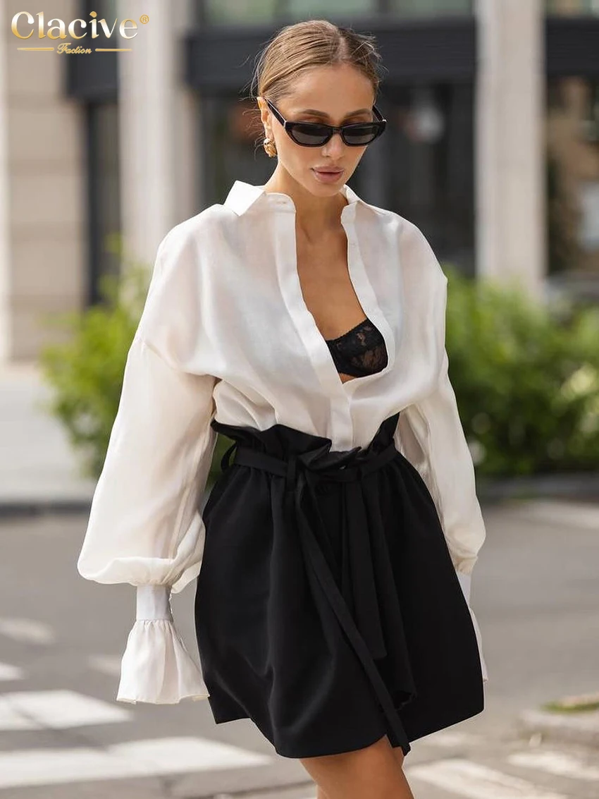 Clacive Fashion Loose White Office Women\'s Shirt Casual Lapel Lantern Sleeve Blouses Elegant Classic Top Female Clothing 2025