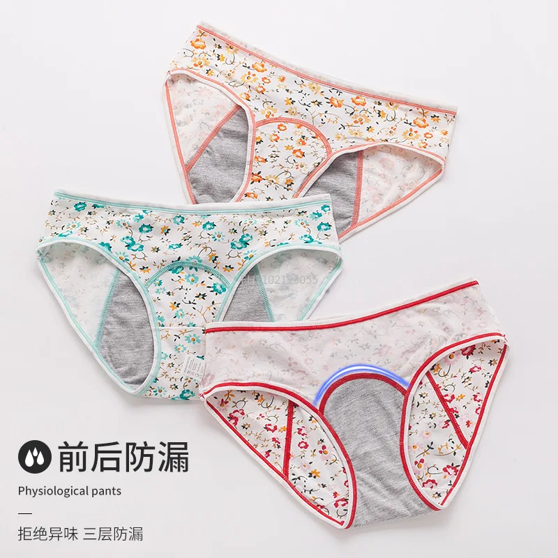 Girls Leakproof Breathable Floral Menstrual Panties Cotton Underwear Cute Cartoon Period Panties Fashion Underpants Teenagers