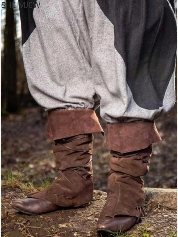 

Medieval Viking Knight Leather Leg Armor Steampunk Boots Shoe Covers Adult Role Playing Costume Strappy High Boots Props 2025