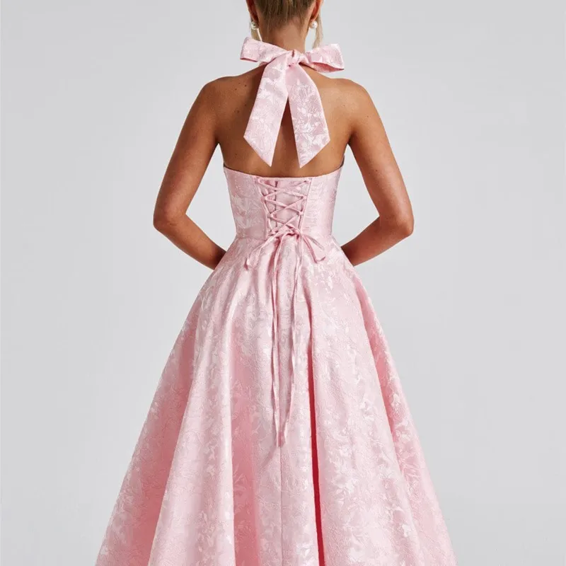 Elegant VคอHalter Tie-Up Jacquard Partyชุดผู้หญิงBackless A-Lineค็อกเทลพรหมGownsเซ็กซี่เสื้อคลุมใหม่ยาวVestidos