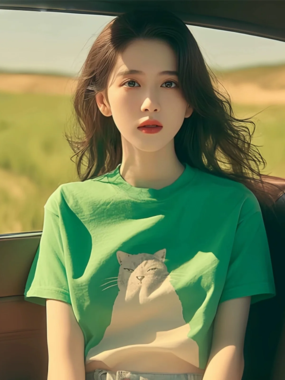 تي شيرت مطبوع عليه قطة بيضاء للنساء من Boweylun ، كتف إيجابي أخضر ، دوبامين بأكمام قصيرة ، قمة جلد صيفية ، رقبة مستديرة كاجوال ، فتيات