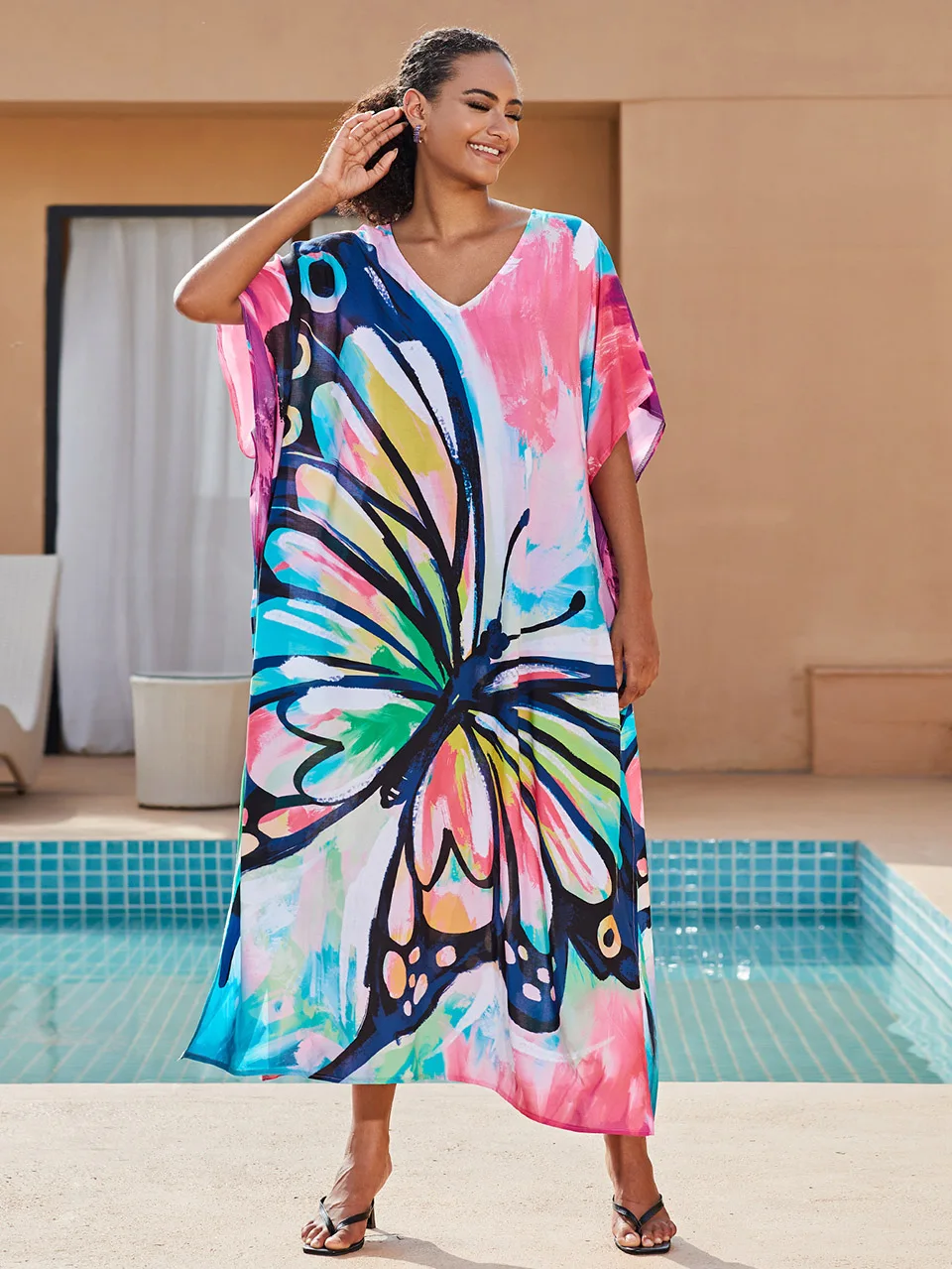 Fashion Butterfly Print Long Dresses Kaftan Women Swimwear Cover Up Beach Outfits 2023 Summer Vacation Maxi Dress Loose Robe