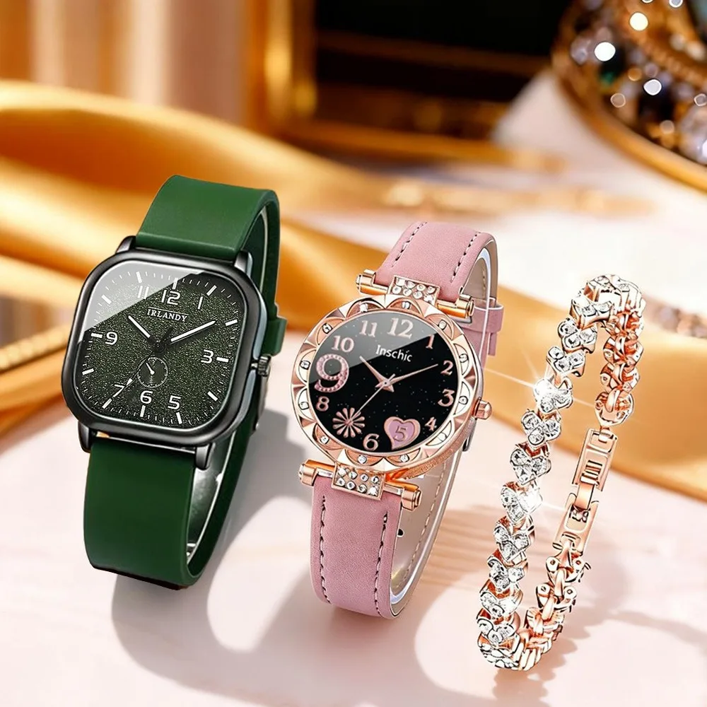3pcs Watch Set, Square Silicone Watch +Pink Women's Watch & Rhinestone Bracelet Set - Quartz Movement, Fashion Wristwatch
