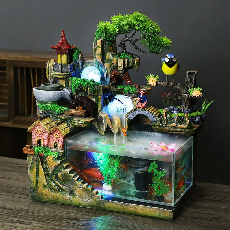 Acrylic fish tank aquarium rockery flowing water fountain feng shui wheel lucky ornament living room household utensils