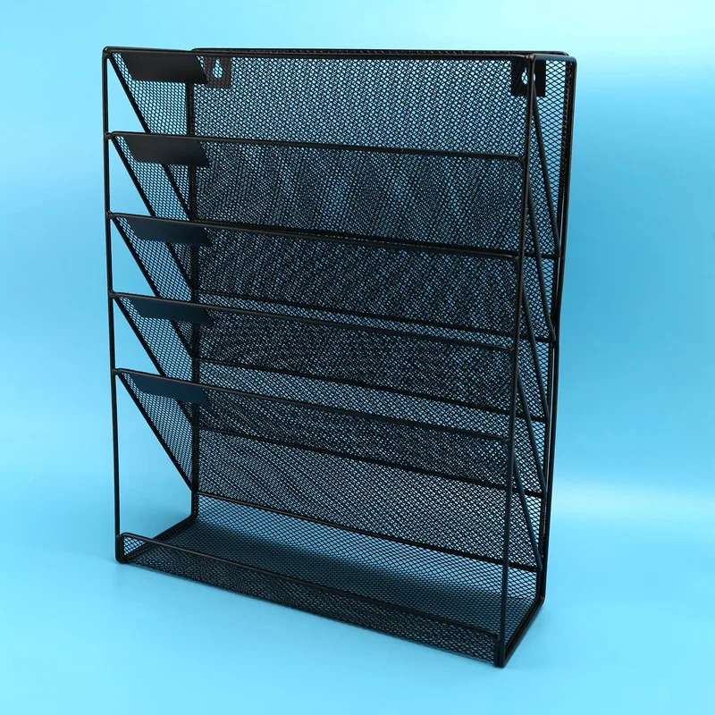 Montado na parede Metal Mesh Magazine Rack, Mesa de escritório, Arquivo Intervalo de 5 Camadas, Armazenamento Revista, Black Notebook