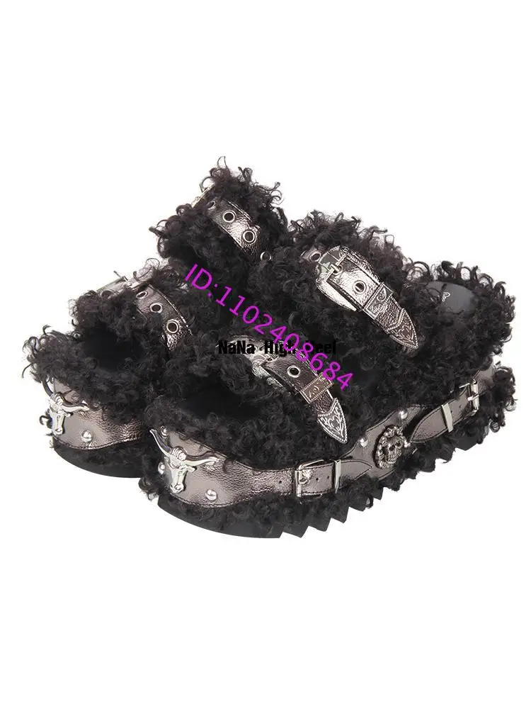 

design women Lolita punk fur platform slippers Metal skull black belt buckles lamb hair platform punk slippers plus size 47