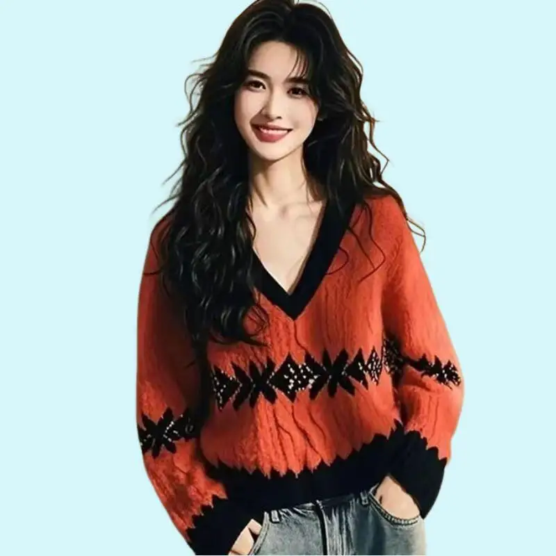 

Горячая осень-зима, новая женская лоскутная рубашка в западном стиле с v-образным вырезом, топы, дизайн, модный кружевной вязаный свитер с длинными рукавами