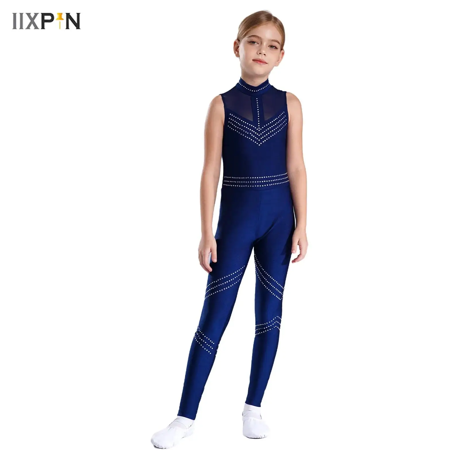 

Kids Girls Figure Skating Gymnastics Dance Jumpsuit Sleeveless Mesh Patchwork Shiny Rhinestones Full Body Leotard Rompers Tights