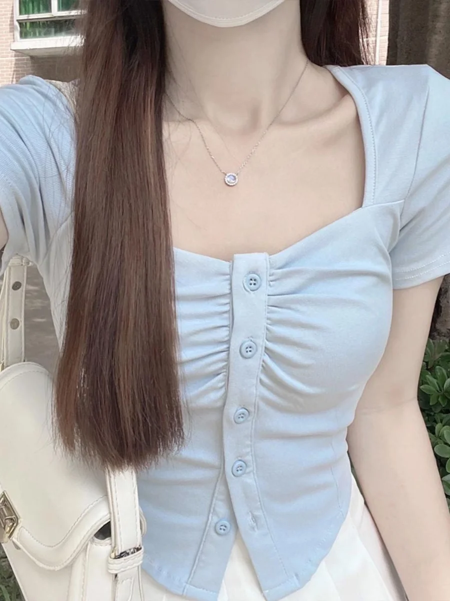 Niebieski Słodki Asymetryczny Plisowany Top Damski Letni Oryginalny Pikantny Czysta Pożądanie Dekolt V