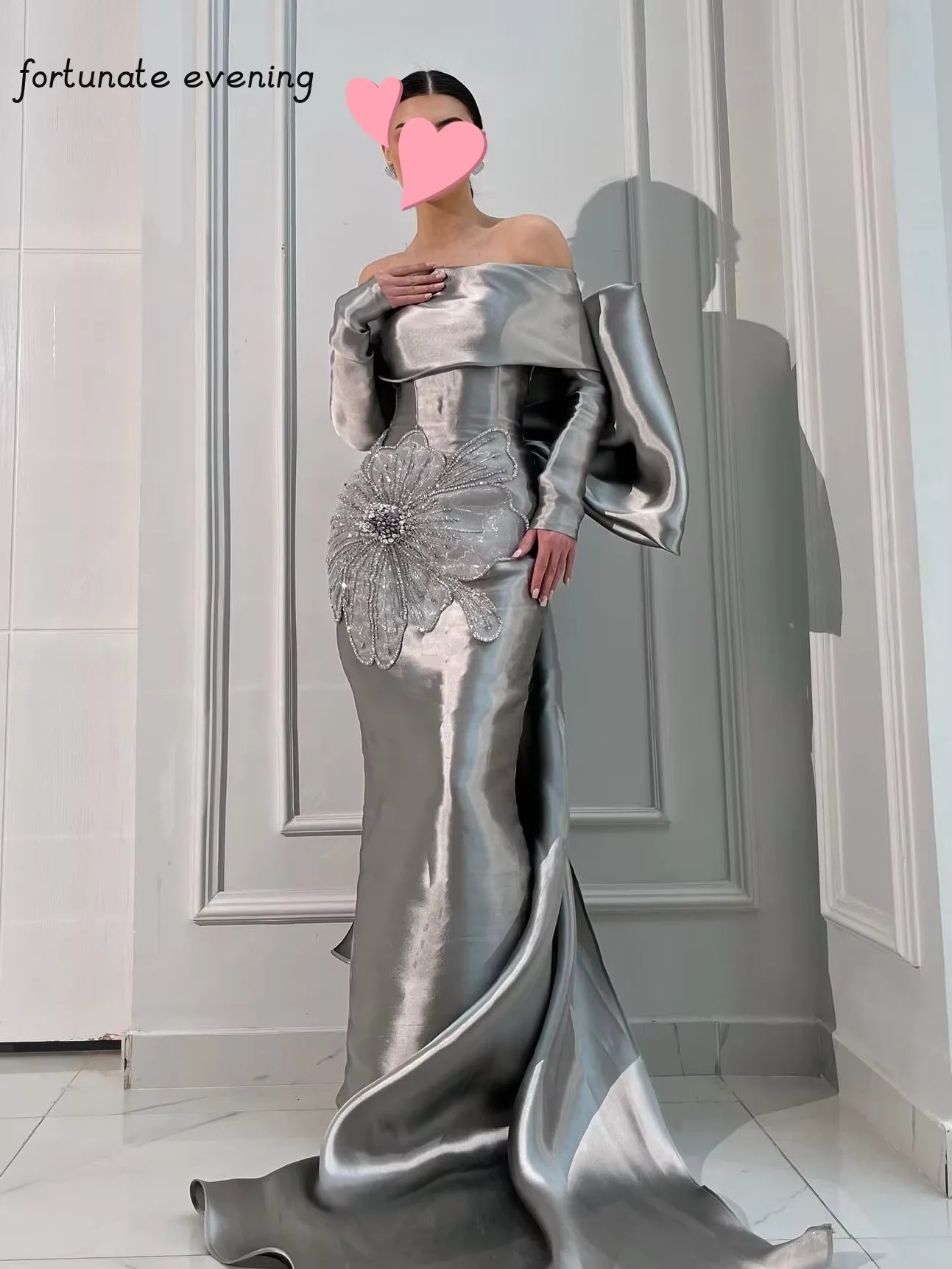 

Fortunate Evening Elegant Vintage Sweet Silver Bow Satin Flower Crystal Customize Formal Occasion Prom Dress Evening Party Gowns