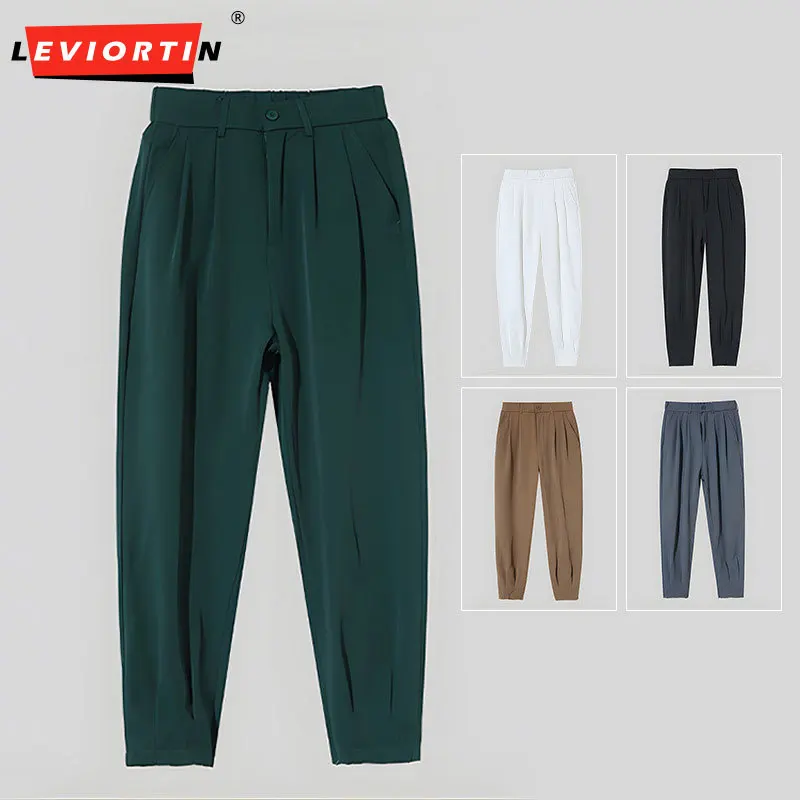 Summer Ice Silk Pants for Men Thin Loose Wide Leg Crop Pants Fashion Business Casual Male Zipper Leggings Office Formal Trousers