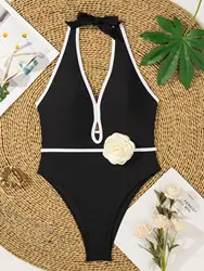 3D Flower Solid One Piece Swimsuit Women Black/White Swimwear Sexy Deep V Neck Swimming Suit Backless  Bathing Suit for Women