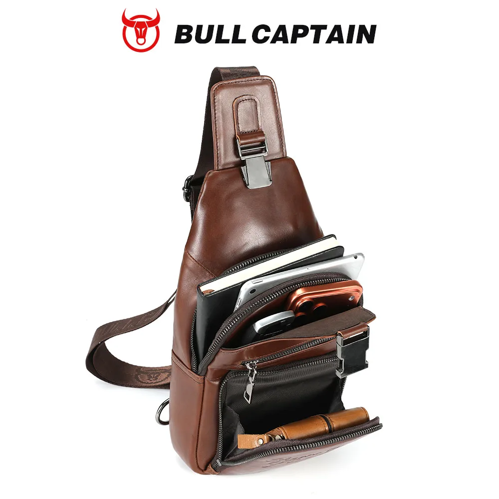 BULLCAPTAIN Genuine Leather Chest Bag Casual Triangle Crossbody Design Travel Shoulder Backpack Men Leather Multifunctional Bag view 4