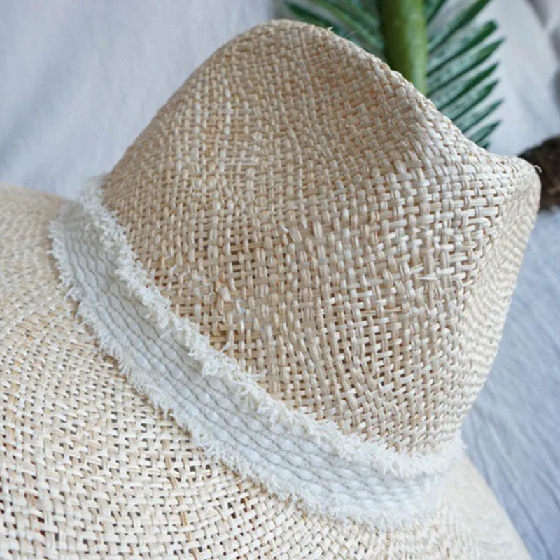 Wide Brim Straw Sun Hat for Women Panama Hat Natural Grass Beach Hat Formal Jazz Fedora Hat Church Performance Dance Hat Band