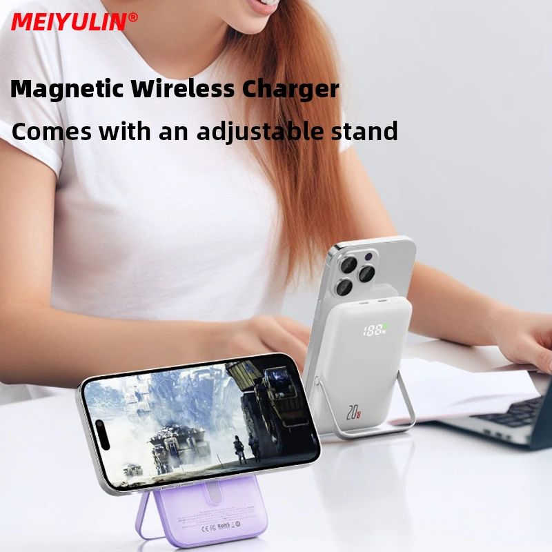 MEIYULIN 10000mAh Magnetic Power Bank 15W Wireless Fast Charging For iPhone 14 Samsung Folding Stand External Battery Powerbank