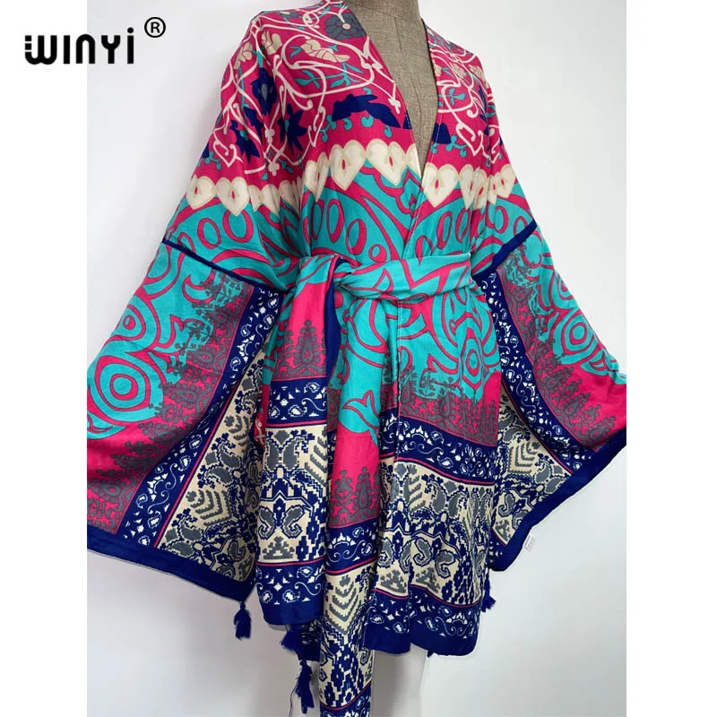 WINYI 2022 ameryka lato kobiety Cardigan stitch szata koktajl sexy Boho Maxi afryki wakacje rękaw w kształcie skrzydła nietoperza jedwabny szlafrok