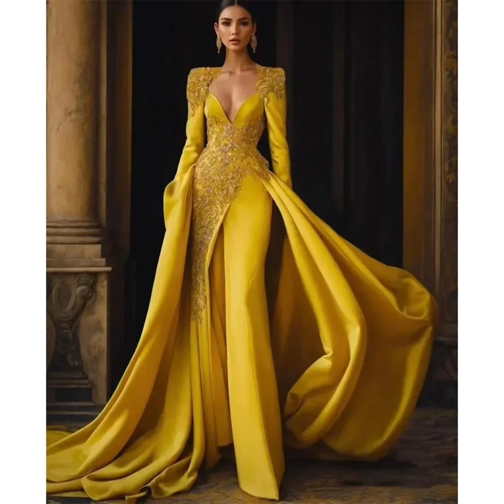 

Fashion Jumpsuit Formal Evening Dresses Elegant Embroidery Sweetheart Prom Gowns Long Sleeves Sweep Train Draped Party Dresses