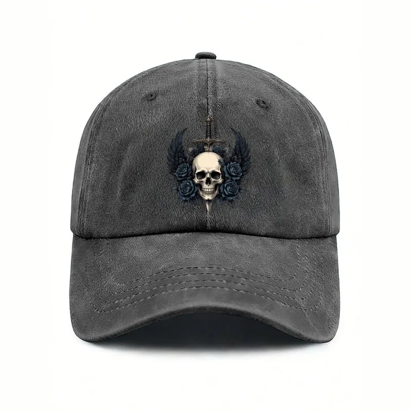 Distressed Washed Baseball Cap Skull Wing Sword Blue Rose Print Adjustable Unisex Hat Gothic Retro Street Casual Outdoor Sun Hat