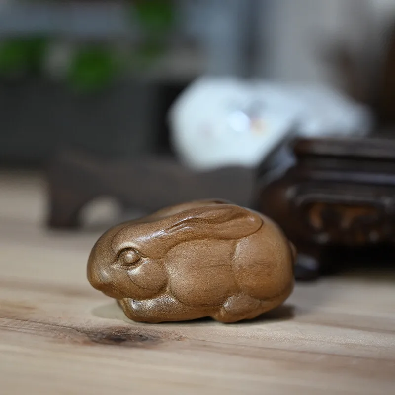 Golden Silk Nanmu Carved Rabbit Zodiac Wenwan Handle Piece Solid Wood Tea Pet Ornament Collectible Gift