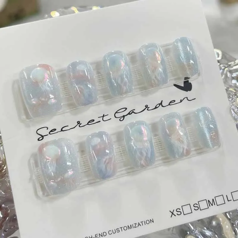 

10 Pcs Women Girls Dreamy Fish Tail Jellyfish New Handmade Cat Eye Press on Nails Detachable Teen Wearable Nail Art Fake Nails