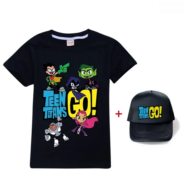 Summer Unisex 13 colour Teen Titans Go Short Sleeve Printing 100% cotton T-shirt+sunhat Boys Girls Clothes kids tee top Clothes