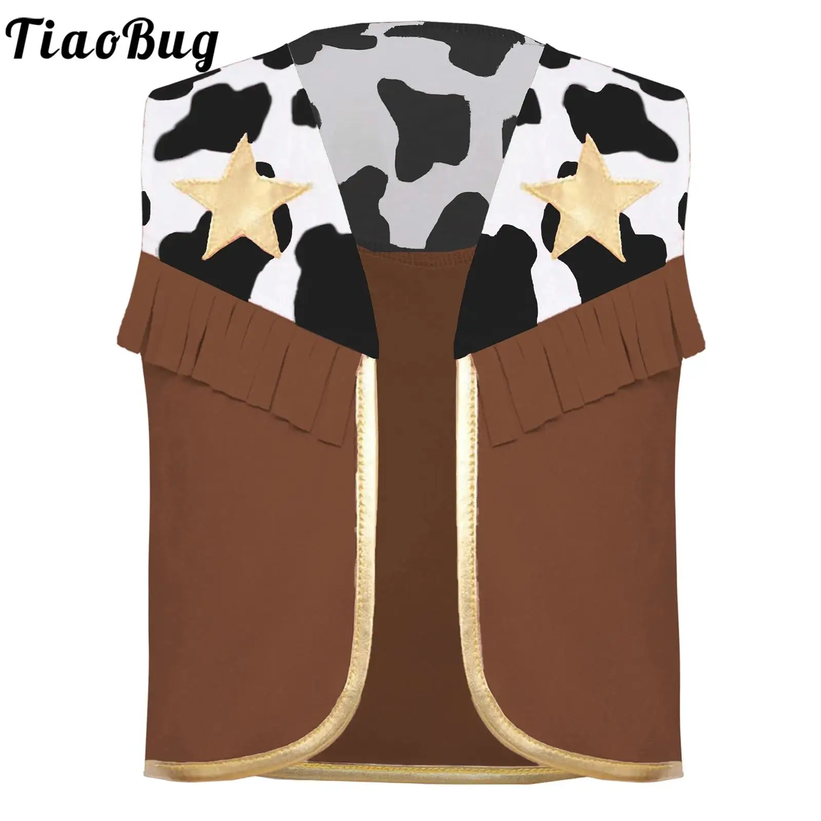 

Western Cowboy Costume Waistcoat for Boys Girls Cow Pattern Fringe Cowboy Vest Wrangler Halloween Dress Up Party Costume