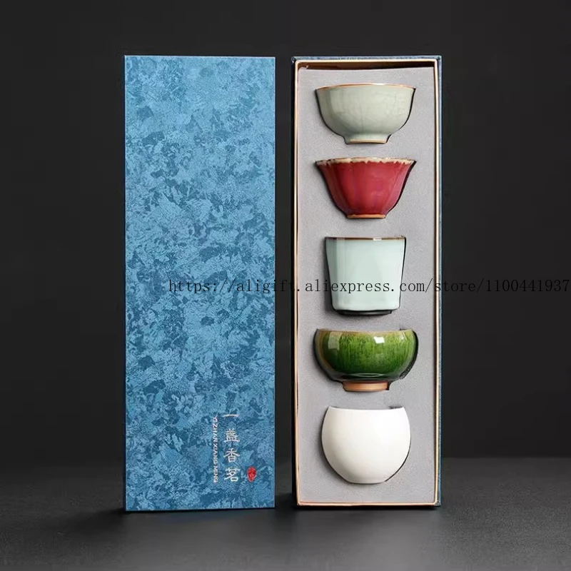 

Chinese Five Famous Kilns Tea Set Ceramic Gongfu Teacup Collection Premium Master Cup Cultural Gift Box Artistic Present