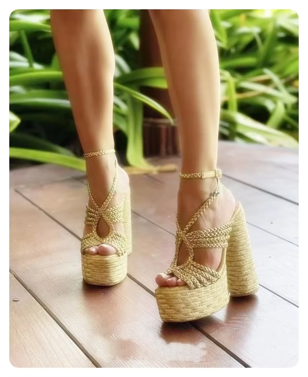 

Weave Round Toe Platform Summer Women Sandals Chunky High Heels Buckle Strap Design Large Size Fashion Lady Leisure Shoes