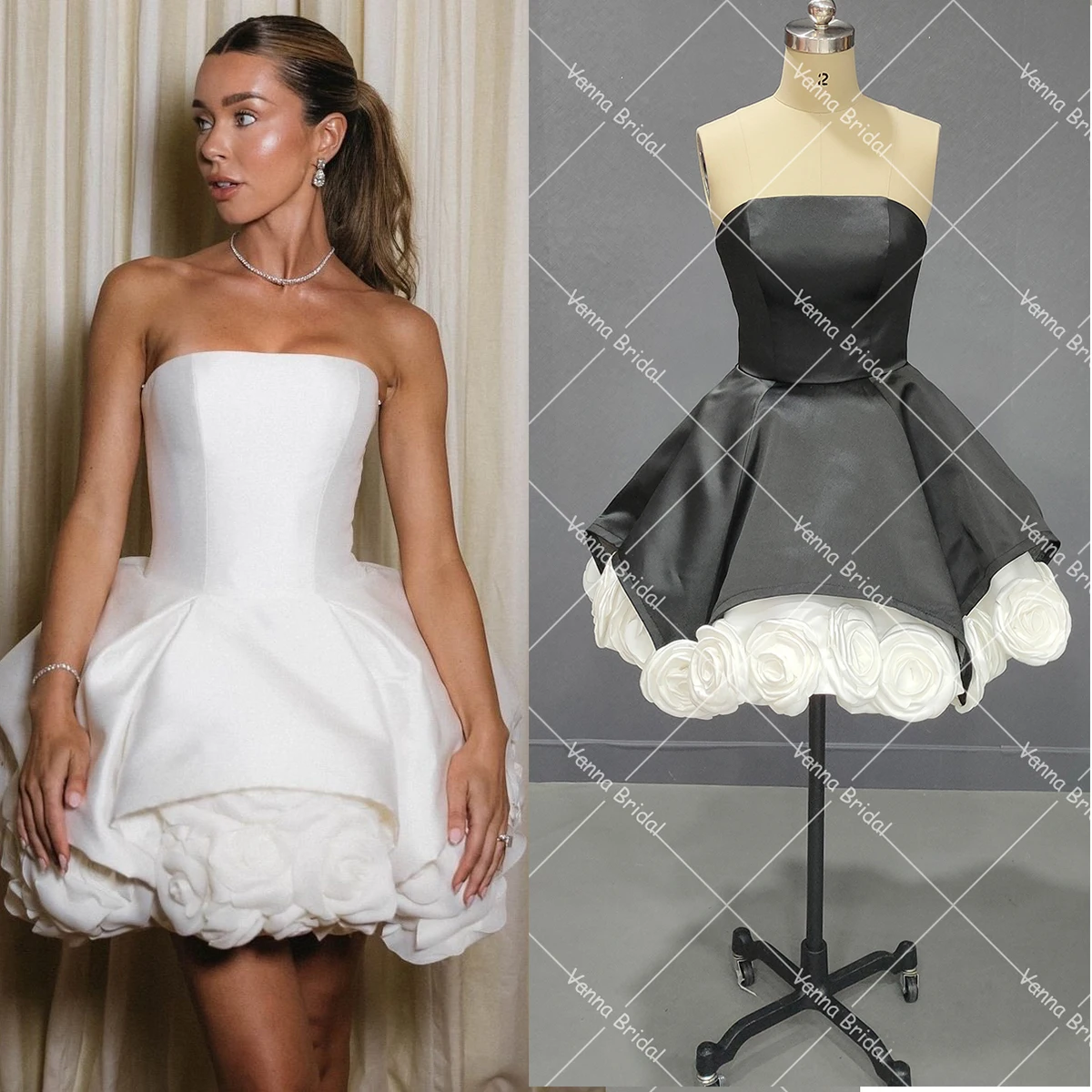 Branco preto roseta flor mini vestido de cocktail sem alças personalizado 3d rosa flores fotos reais inchado vestidos de casamento gótico